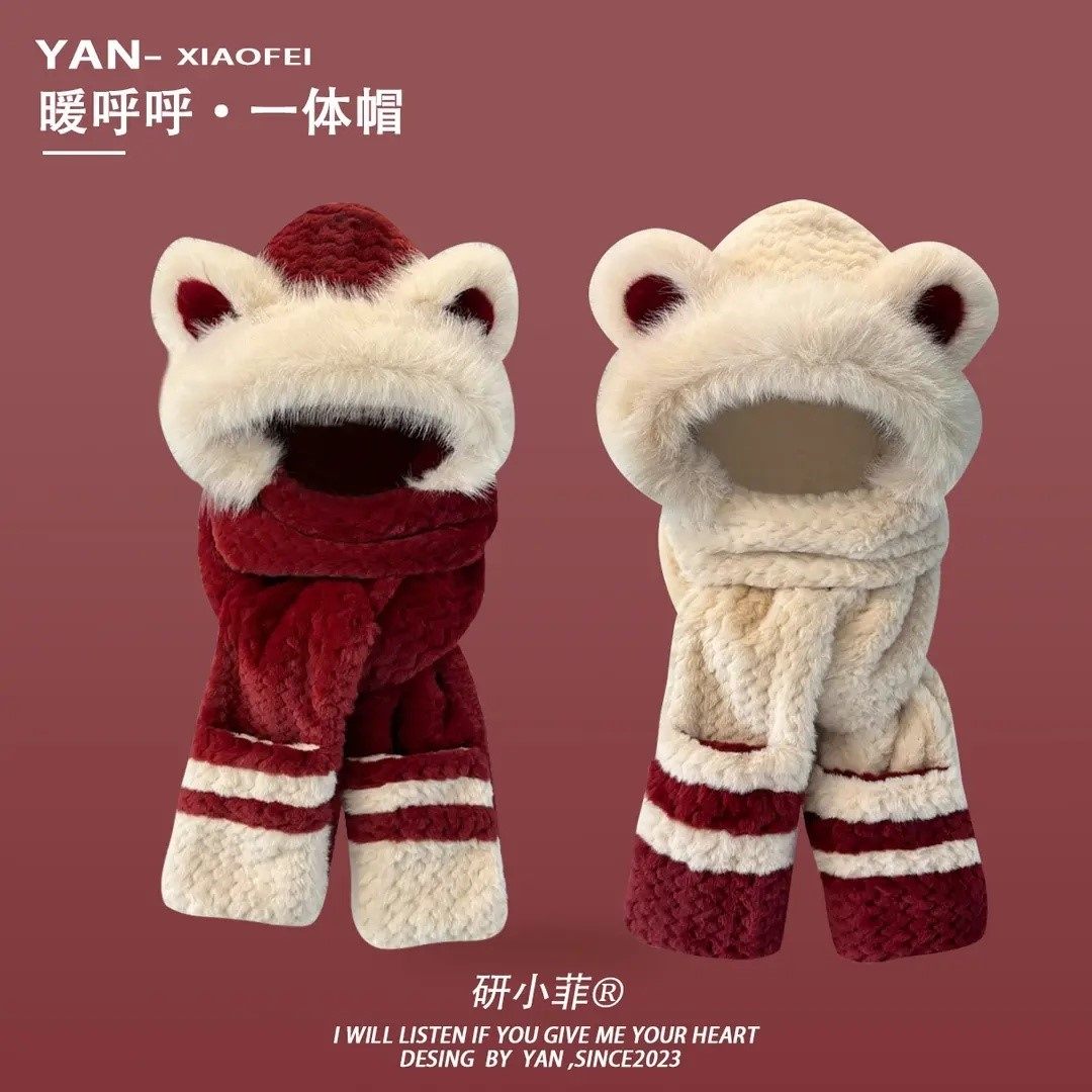 可爱小熊耳朵帽子围巾手套一体防