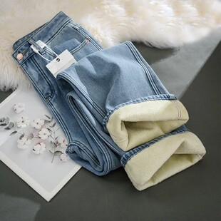 加绒窄版阔腿牛仔裤女秋冬爆款2025新款女士加厚高腰显瘦直筒裤子