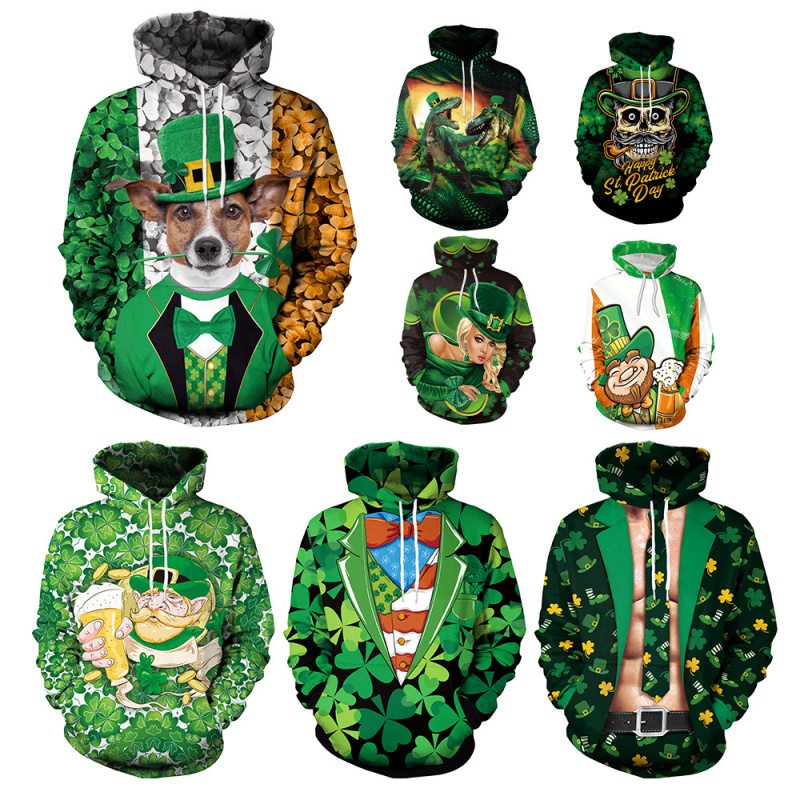 爱尔兰圣帕里克游街活动动物3D印花绿帽子节连帽卫衣情侣装连帽衫