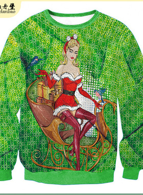 2024春季女士情侣装圣诞3D数码印花圆领绿色卫衣 长袖宽松T恤上衣