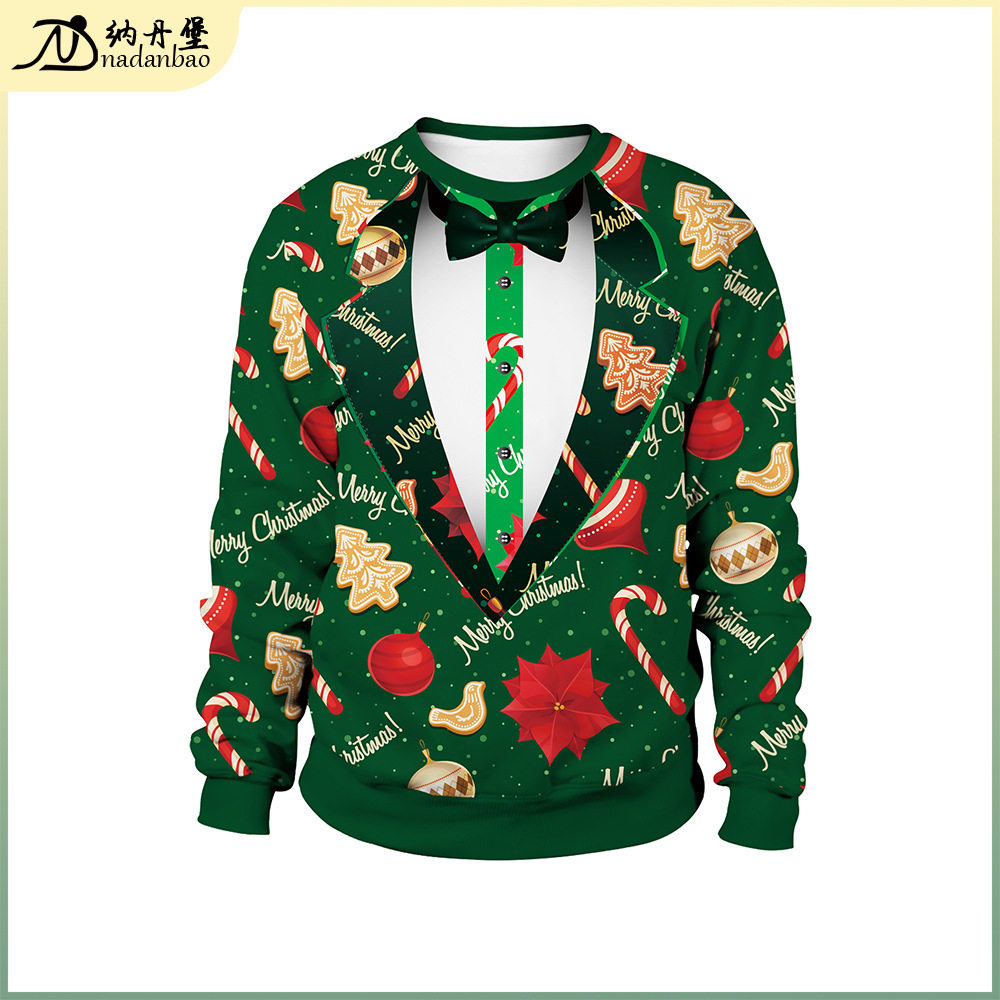 新款仿绅士西装披肩圣诞数码印花图案套头圆领潮牌圣诞情侣装卫衣