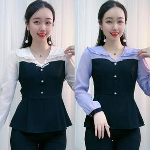 秋装新款韩版花边领假两件荷叶摆拼接修身显瘦大码两件套装套裤