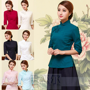 民族风女装夏棉麻唐装女中式改良复古国民装七分袖旗袍上衣茶服