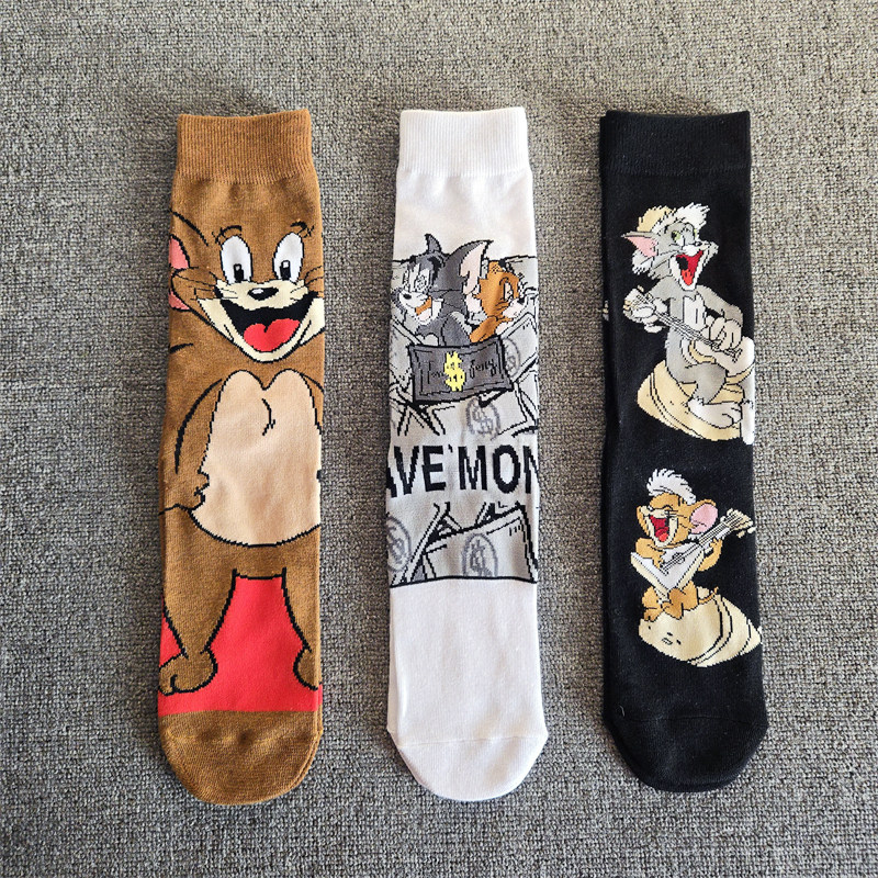 可爱直板长袜子猫和老鼠潮玩卡通动漫周边中筒涤棉男女休闲提花