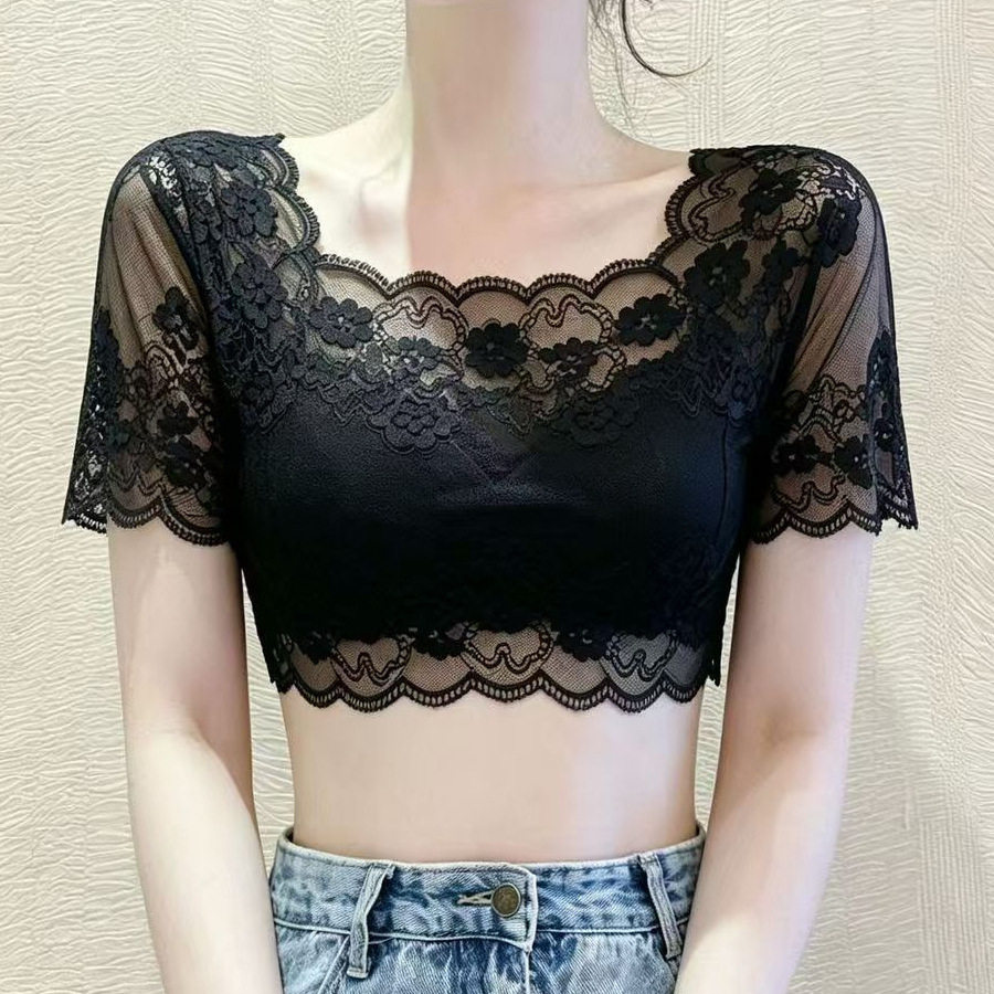 蕾丝打底衫薄纱叠穿内搭网纱上衣女士时尚洋气短袖无袖遮手臂神器
