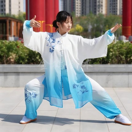 金鹤武术新款弹力真丝绸过渡渐变色刺绣太极服表演比赛服男女春秋