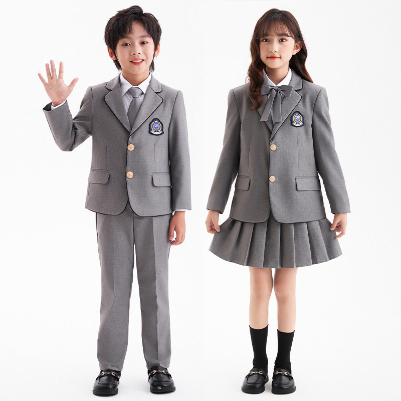 春夏新品小学生校服男女童学院风西服班服灰色套装六一节目表演服