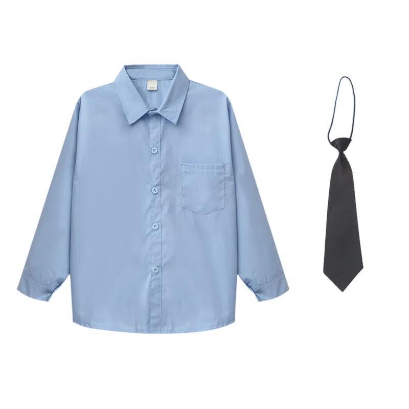 男童蓝色衬衫长袖上衣儿童衬衣领带小学生校服通勤百搭女童衣服蓝