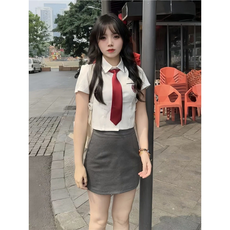 韩系校服jk夏季制服学院风短款短袖收腰衬衫短裙校供韩式衬衣套装图片