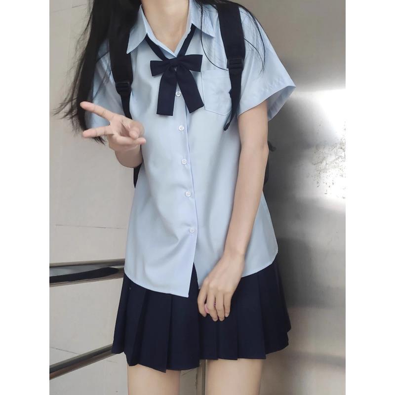 jk衬衫短袖原创基础款甜美学生蓝色百搭衬衣女学院风校服制服套装