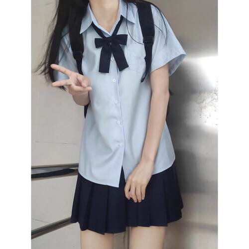 jk衬衫短袖原创基础款甜美学生蓝色百搭衬衣女学院风校服制服套装