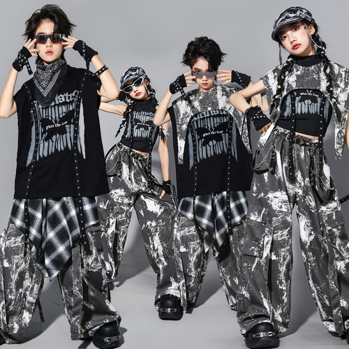 儿童hiphop街舞演出服男童嘻哈迷彩套装女童爵士舞服装男孩表演