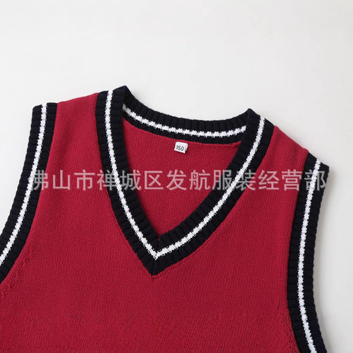 秋冬季儿童英伦风院校服背心V领 毛衣中小学生马甲针织衫红色菱形