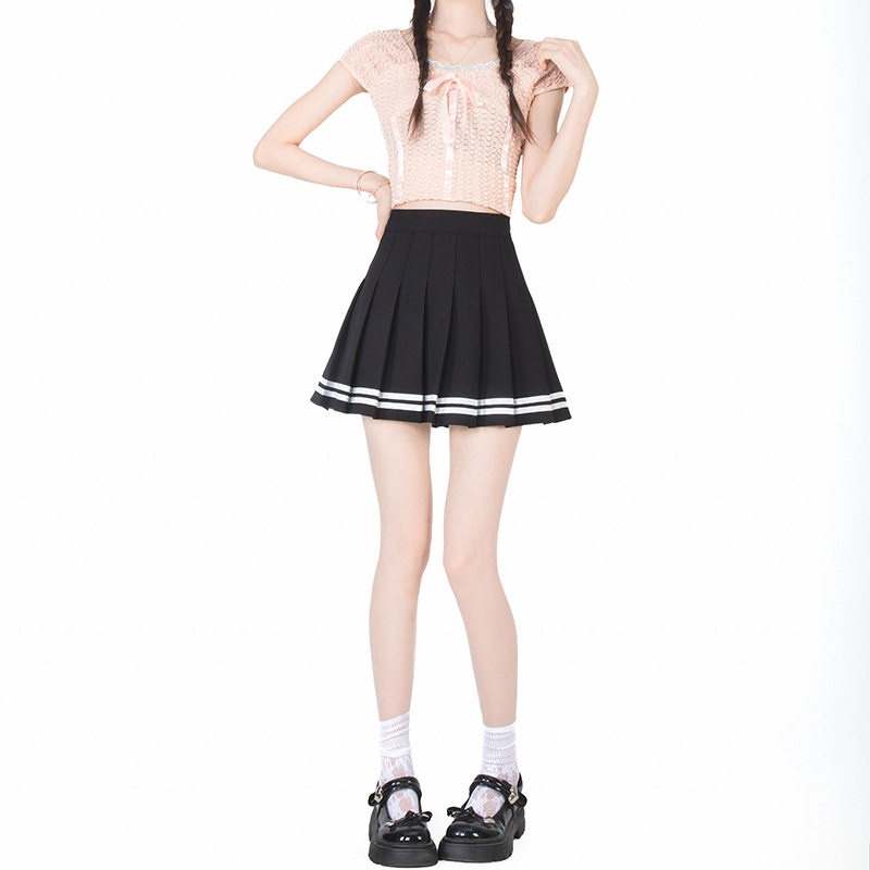 半身裙2024新款高腰百褶裙 学院风松紧腰短裙 校服裙子条纹A字裙