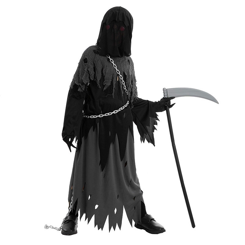 万圣节死神服装儿童神秘恐怖幽灵装扮长袍cos衣服发光眼睛送镰刀