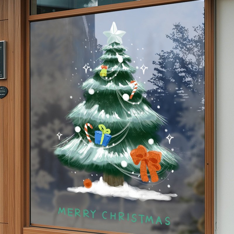 2026绿色圣诞树装饰品静电贴餐厅氛围场景布置玻璃门窗花节日贴纸