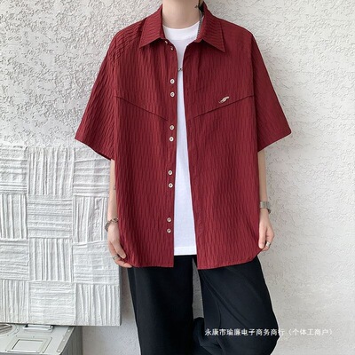 暗红色短袖衬衫男感痞帅外套夏季潮流大码肌理感五分半袖衬衣
