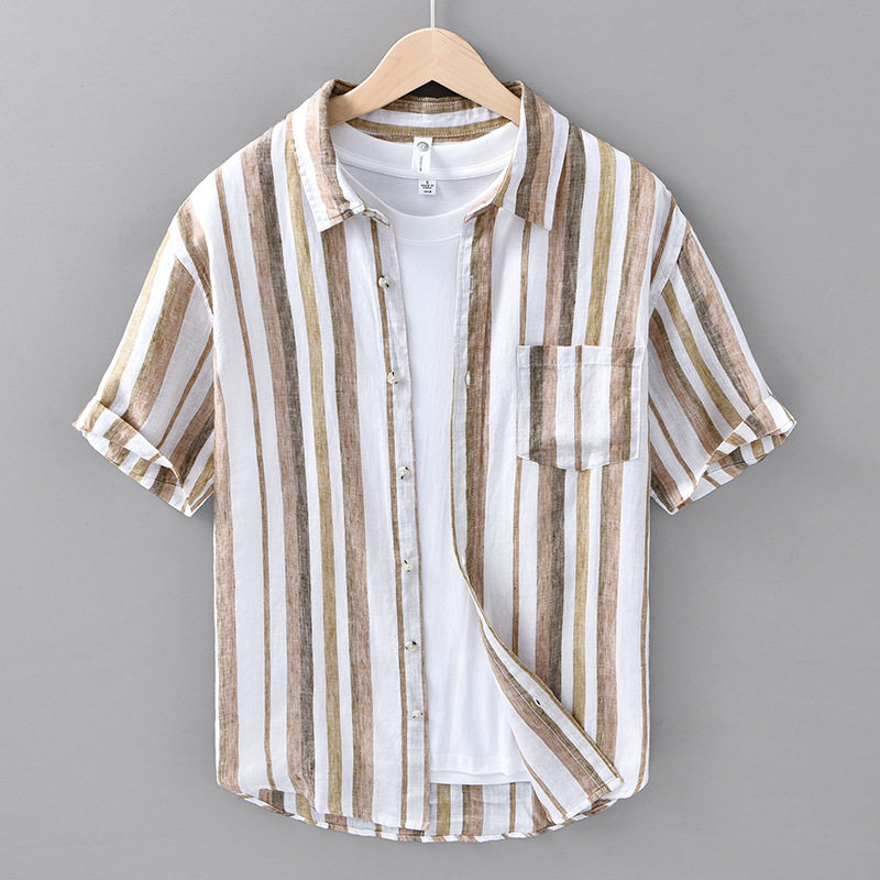 夏季纯亚麻衬衫男短袖条纹上衣拼色百搭复古休闲薄款麻料衬衣701