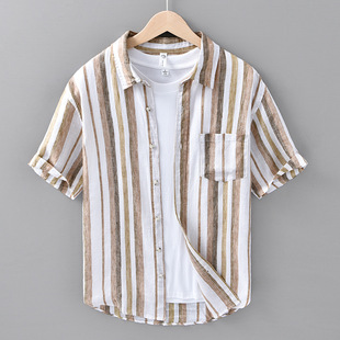 条纹上衣拼色百搭复古休闲薄款 男短袖 麻料衬衣701 纯亚麻衬衫 夏季
