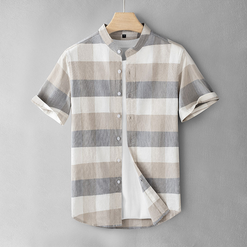 日系复古花格子衬衫男夏季立领短袖青年修身棉麻衬衣吸湿透气
