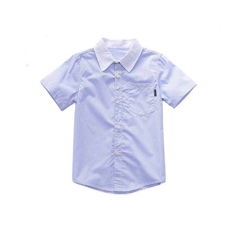 夏季新款短袖白蓝细间条衬衫女童棉单层夏装学生衬衣校服表演服