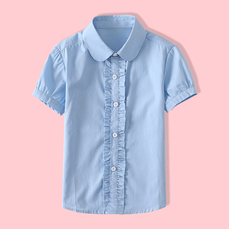 女童纯棉短袖衬衫学院风花边白蓝衬衣小学生校服演出服夏季中大童