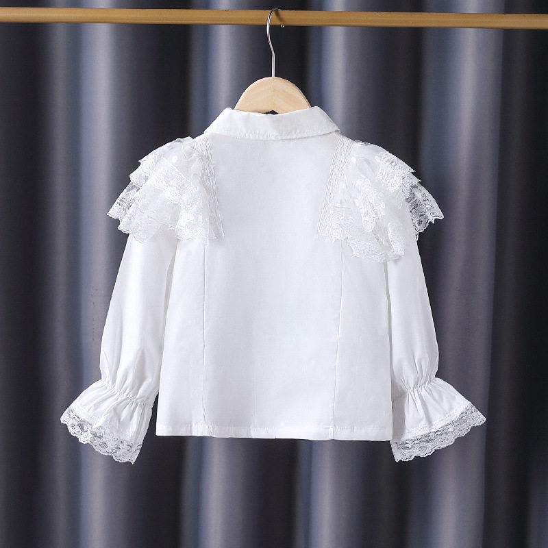 高档童装女童长袖衬衫春秋儿童女孩白色校服纯棉翻领洋气公主上衣