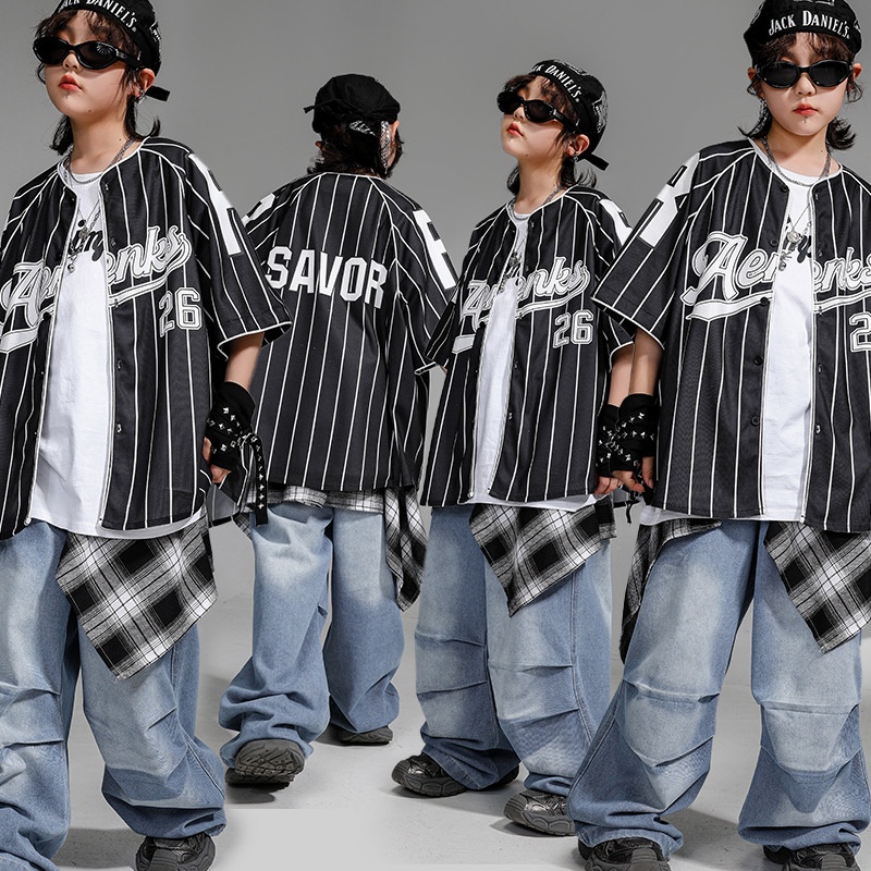 街舞女孩套装宽松牛仔裤短袖套装男童少儿hiphop演出街舞儿童