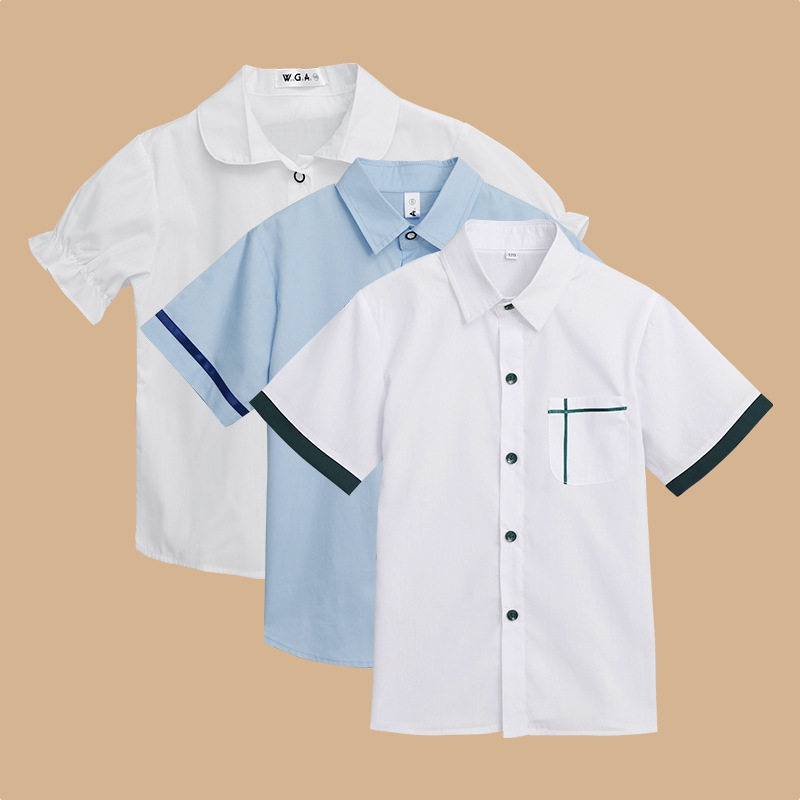 儿童夏季短袖衬衫学生校服上衣男童蓝色夏装衬衣女童全棉白色衬衫