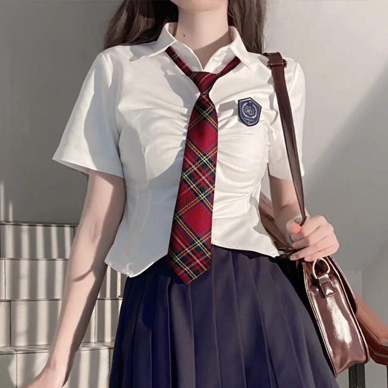新款白衬衫领带女免打日系学院风衬衣女领带jk校服红黄格子领结女