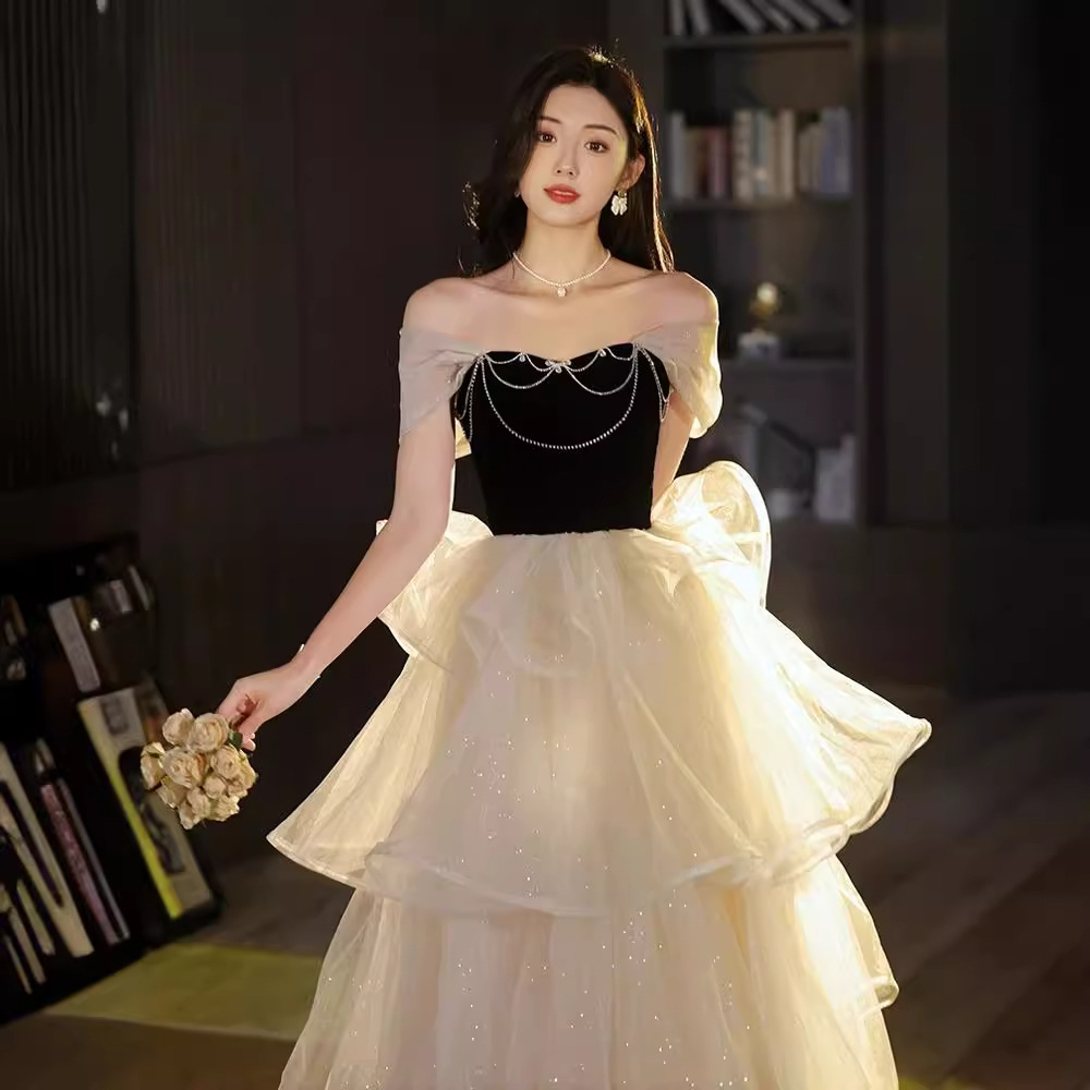 法式晚礼服女高级感名媛生日高端轻奢小众一字肩超仙毕业成人