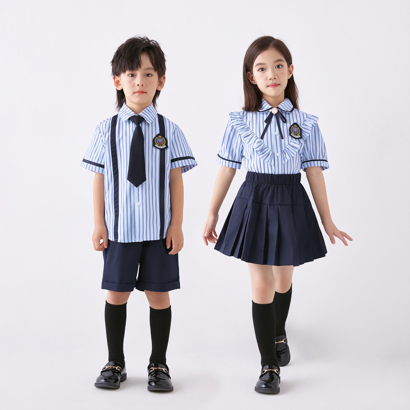 英伦学院风学生毕业季班服幼儿园园服小学生校服夏季蓝色短袖套装
