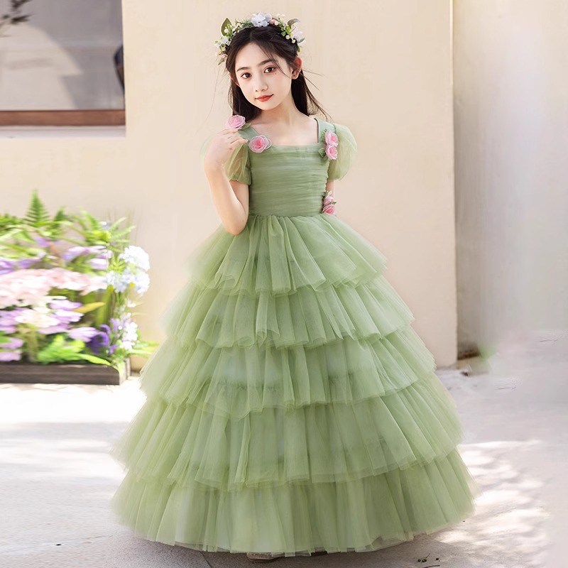 绿色森系花仙子女童晚礼服花童生日公主裙洋气儿童钢琴演奏