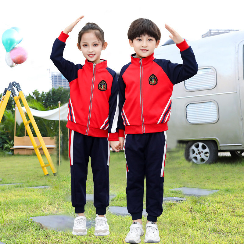 小学生校服春秋款红色运动套装班服三件套夏季园服纯棉长袖