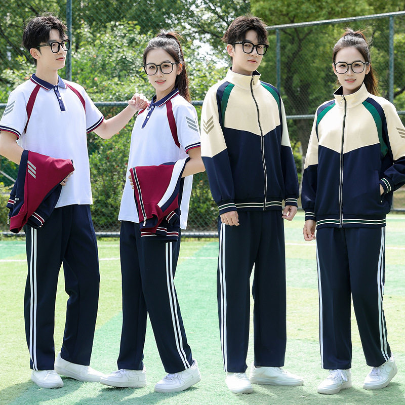 夏季套装初中班服学院风宽松短袖Polo衫高中小学生毕业校服三件套