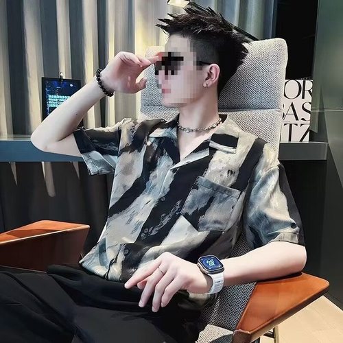 冰丝速干衬衫男短袖新中式水墨衣服夏季沙滩渡假风男装衣服薄