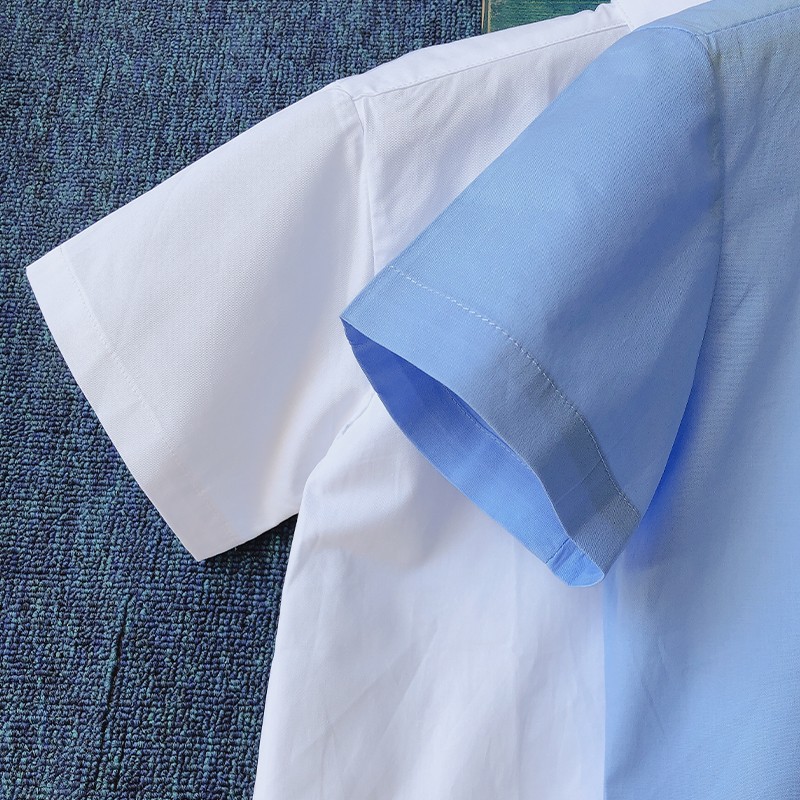 女童校服白衬衫短袖夏装圆领蓝色衬衣学院中小学生纯棉翻领表演服