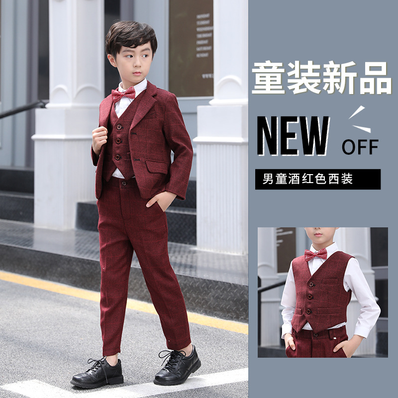 儿童小西装套装春夏季红色长袖韩版套装礼服3件套男花童童套装