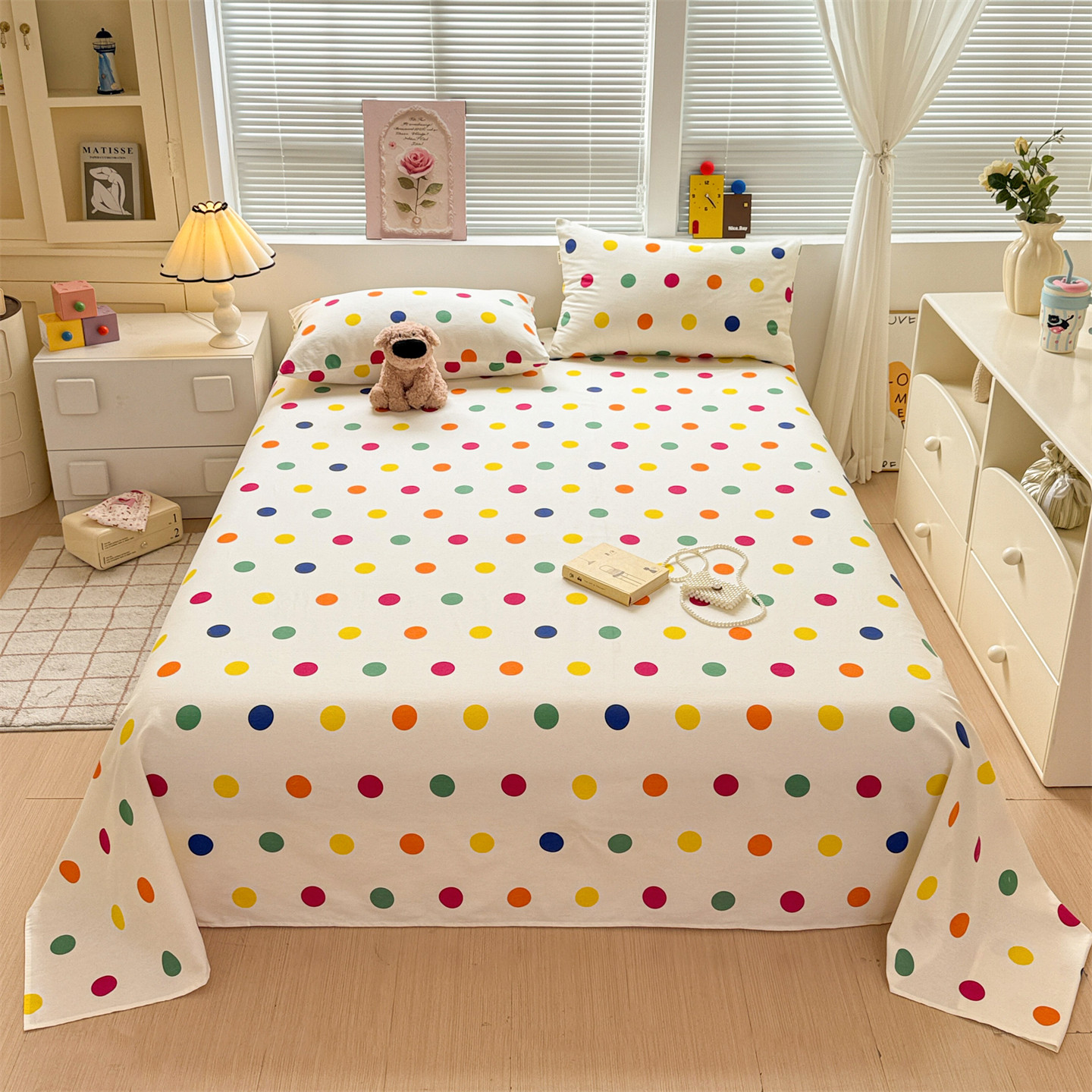 全棉加厚磨毛素色床单彩色波点