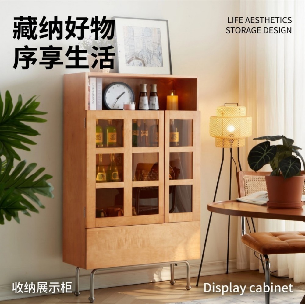 现代樱桃木餐边柜无拼接纯实木储物柜客厅一体靠墙酒水展示柜