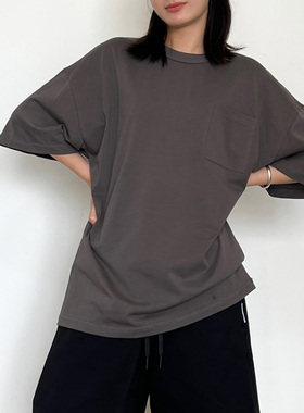 SLOWBAND日系宽松纯色凉感落肩口袋圆领短袖T恤男cityboy半袖上衣