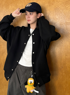 SLOWBAND美式潮流350g重磅加绒加厚宽松纯色棒球服夹克卫衣外套男