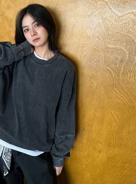 SLOWBAND美式复古270g洗水做旧boxy短款宽松圆领纯棉长袖T恤男女