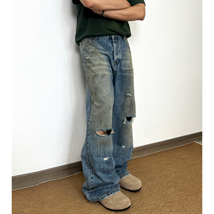 男女cleanfit长裤 复古脏染水洗直筒微喇破洞牛仔裤 BAND美式 SOLW