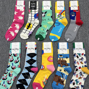 百搭鲨鱼裤 happysocks女中筒袜子潮牌四季 纯棉个性 时尚 外穿小腿袜