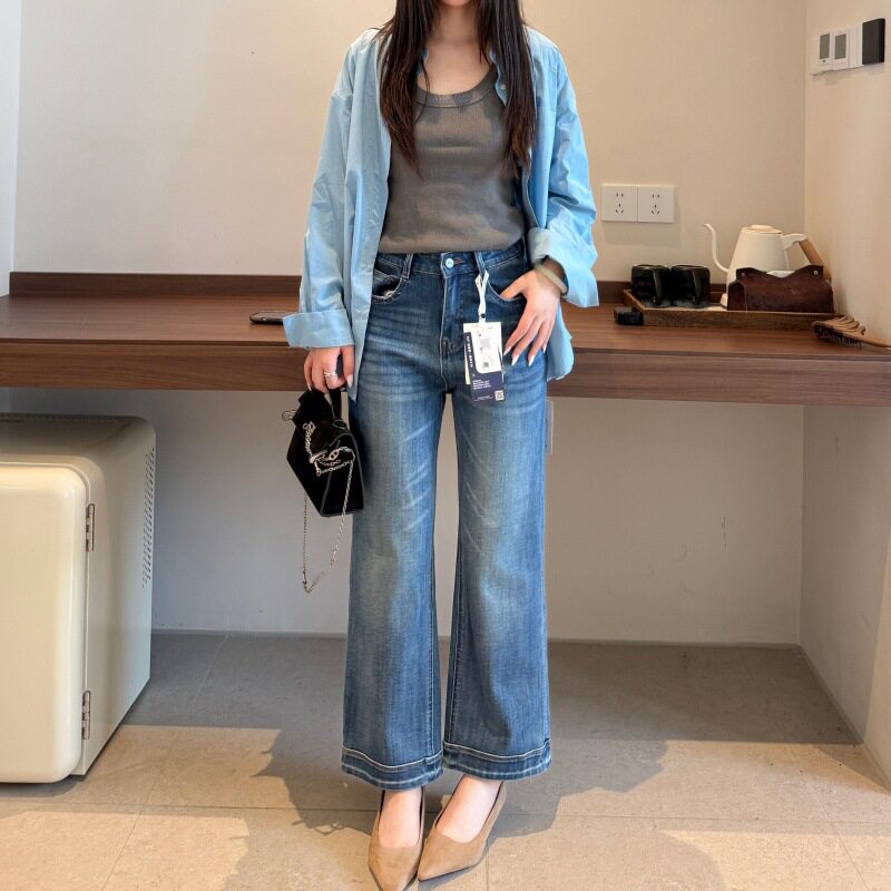 小个子闭眼冲~！四面弹九分牛仔裤女秋冬款宽松直筒阔腿奶奶裤子