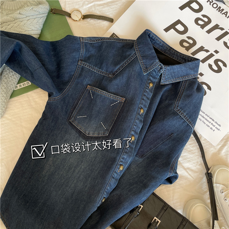 2025年春秋款欧货马尼拉复古蓝撞色牛仔衬衫设计感宽松休闲上衣女