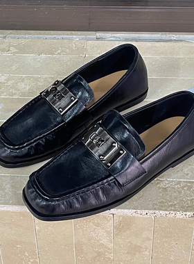 MEMA韩版黑色真皮乐福鞋女金属扣一脚蹬通勤百搭豆豆鞋