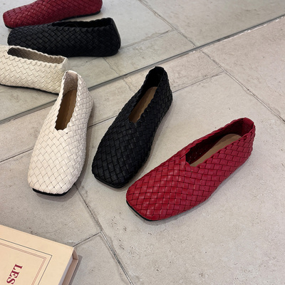 一脚蹬头层牛皮手工编织平底单鞋