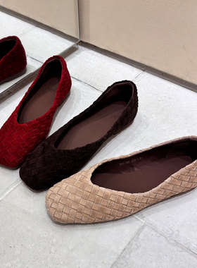 真皮红色编织软底法式单鞋女2025新款平底鞋浅口一脚蹬菱格奶奶鞋